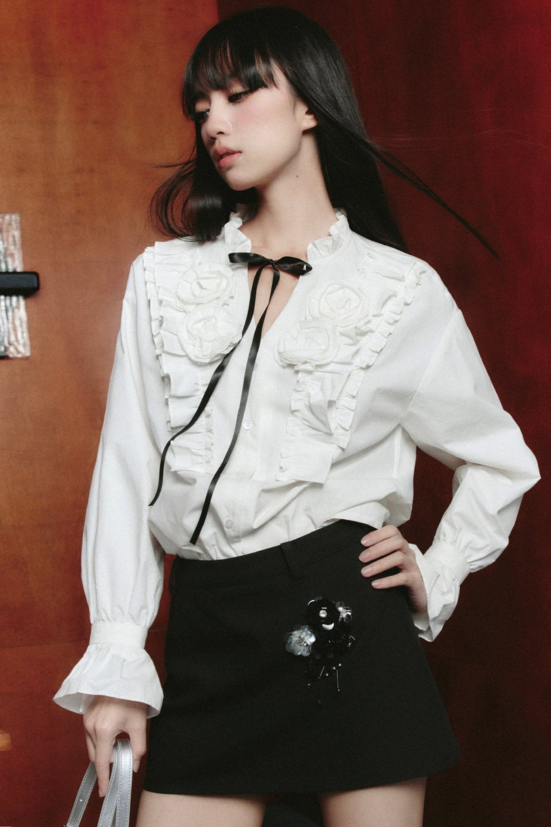 Contrast Ensemble: Crystal-embellished Tweed Mini Skirt & Victorian Ruffle Blouse Set