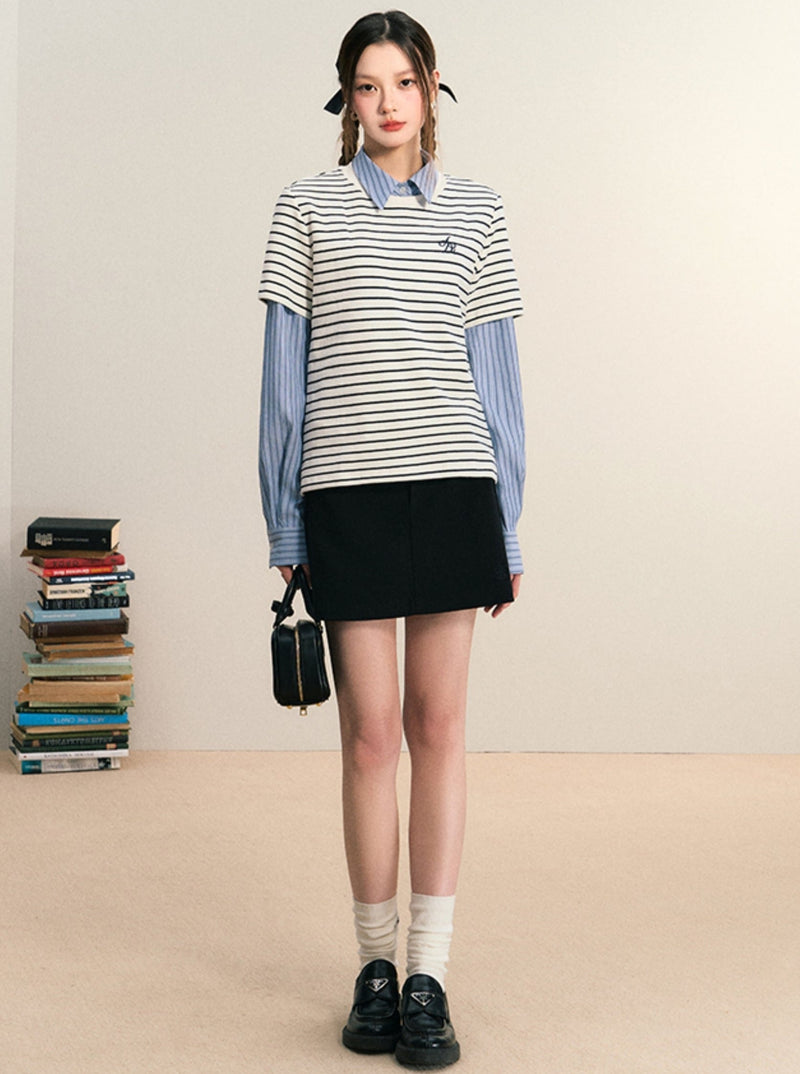 Layered Look Striped Tee Combo - Preppy Shirt-sweater Set