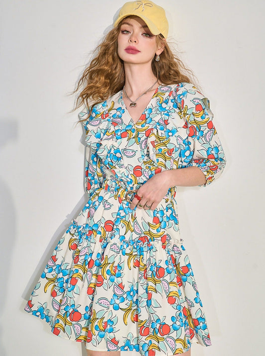 Fruit Print Ruffle V-neck Mini Dress