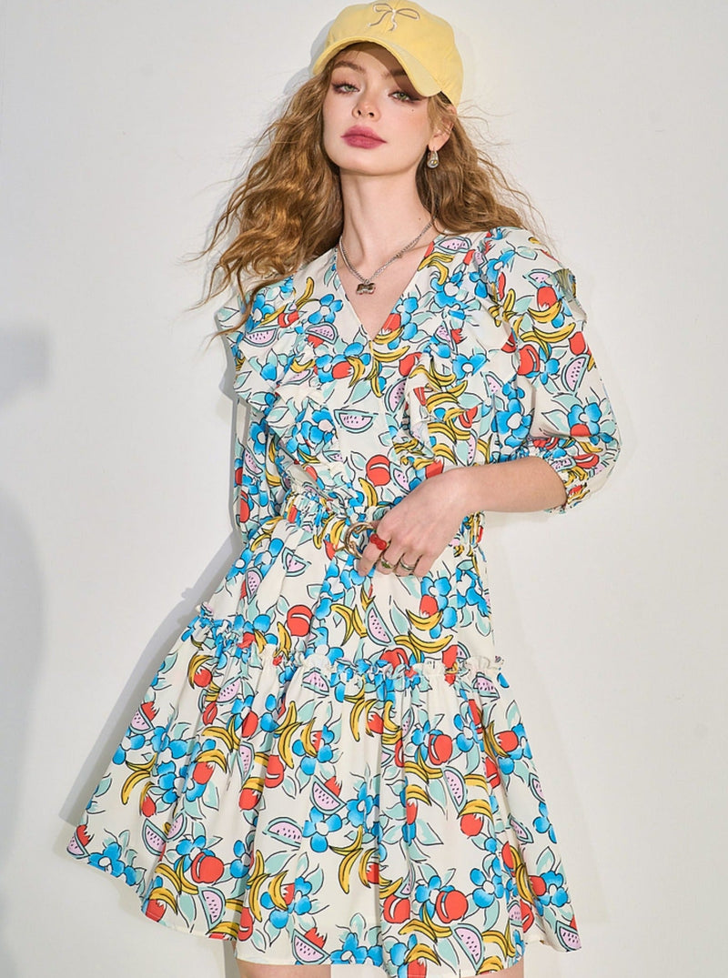 Fruit Print Ruffle V-neck Mini Dress