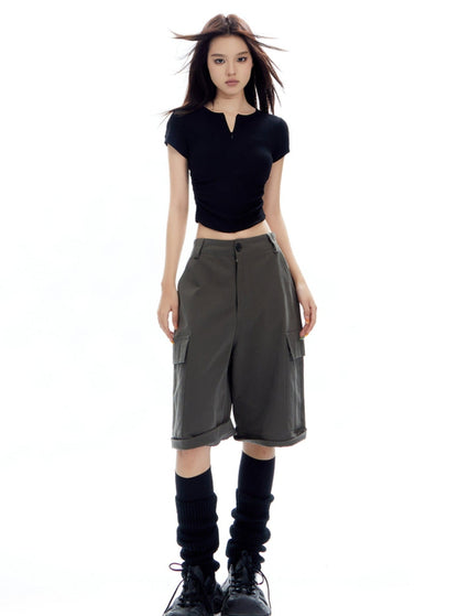 White Cropped T-shirt With Center Ruching