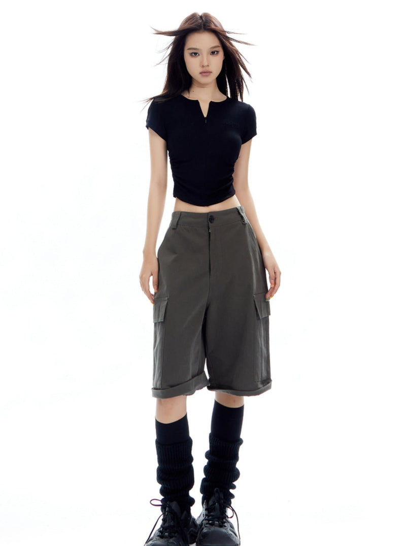 White Cropped T-shirt With Center Ruching