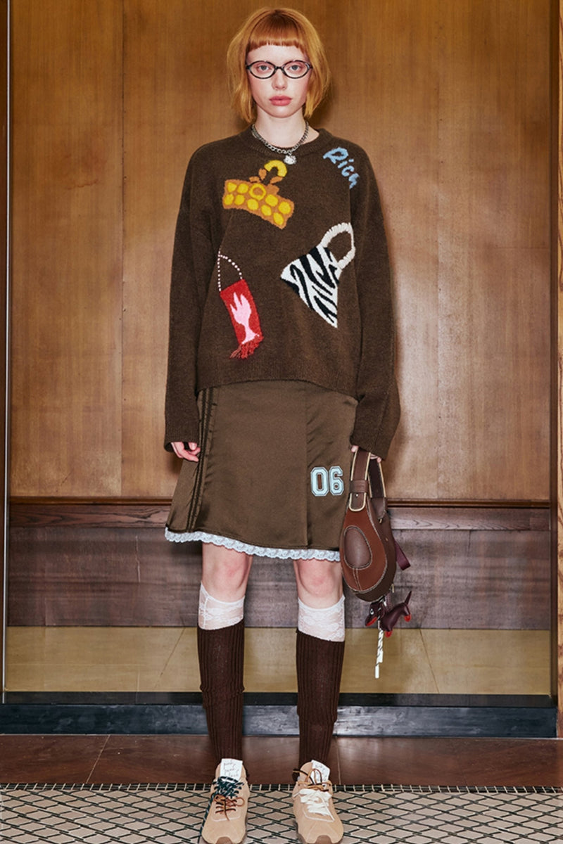 Cartoon Patch Brown Knit Sweater