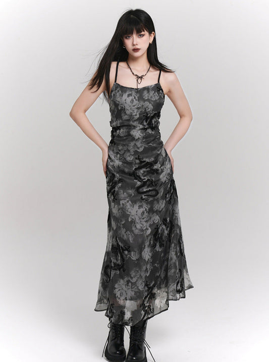 Ladyghost Chinese Style Fitted Maxi Dress - Gray Patterned Sleeveless Ankle-length