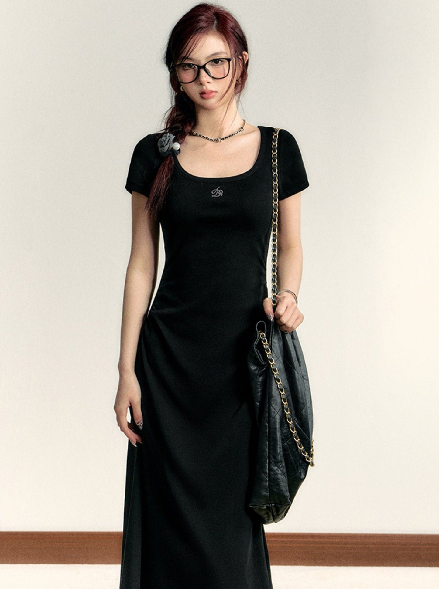 Scoop Neck Maxi T-shirt Dress - Side Ruched Jersey Knit Gown