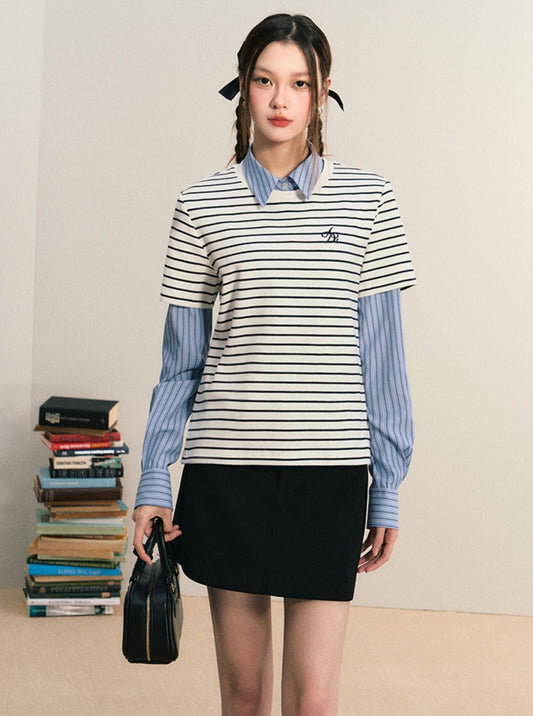 Layered Look Striped Tee Combo - Preppy Shirt-sweater Set