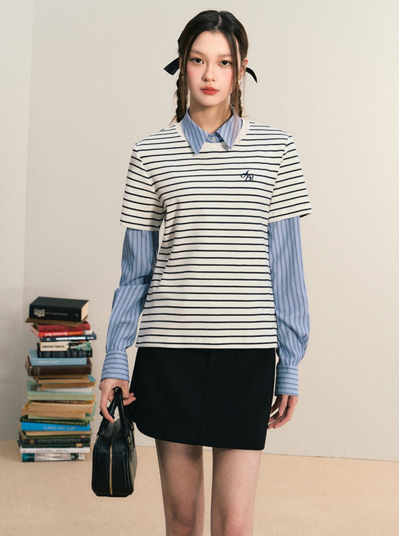 Layered Look Striped Tee Combo - Preppy Shirt-sweater Set