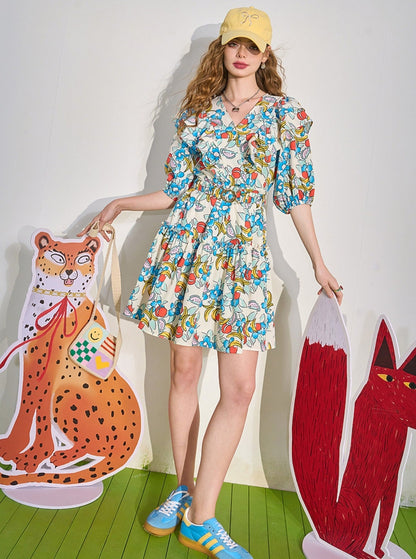 Fruit Print Ruffle V-neck Mini Dress