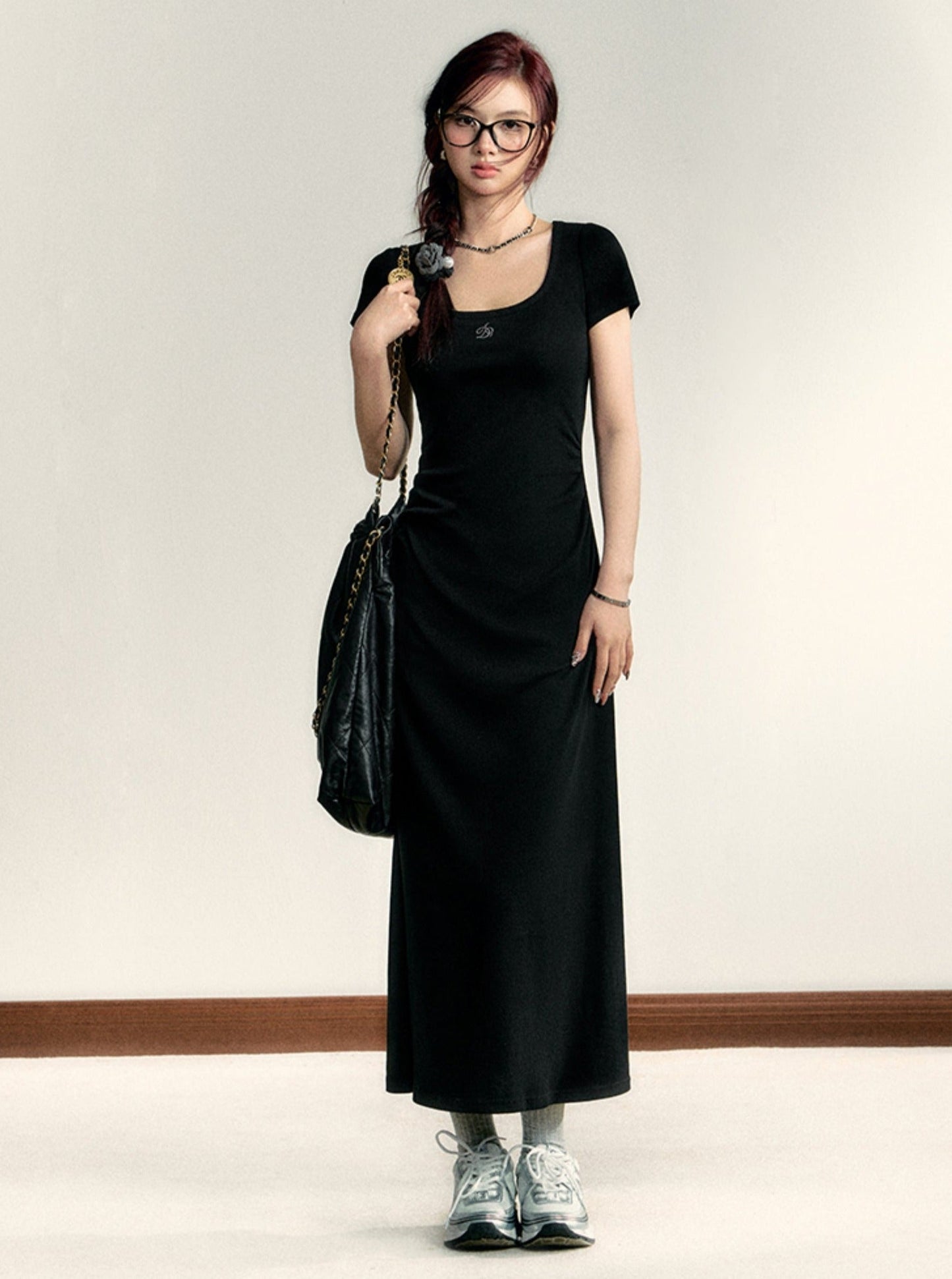 Scoop Neck Maxi T-shirt Dress - Side Ruched Jersey Knit Gown