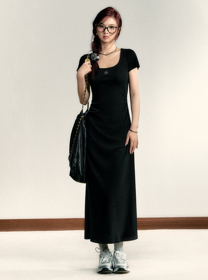 Scoop Neck Maxi T-shirt Dress - Side Ruched Jersey Knit Gown