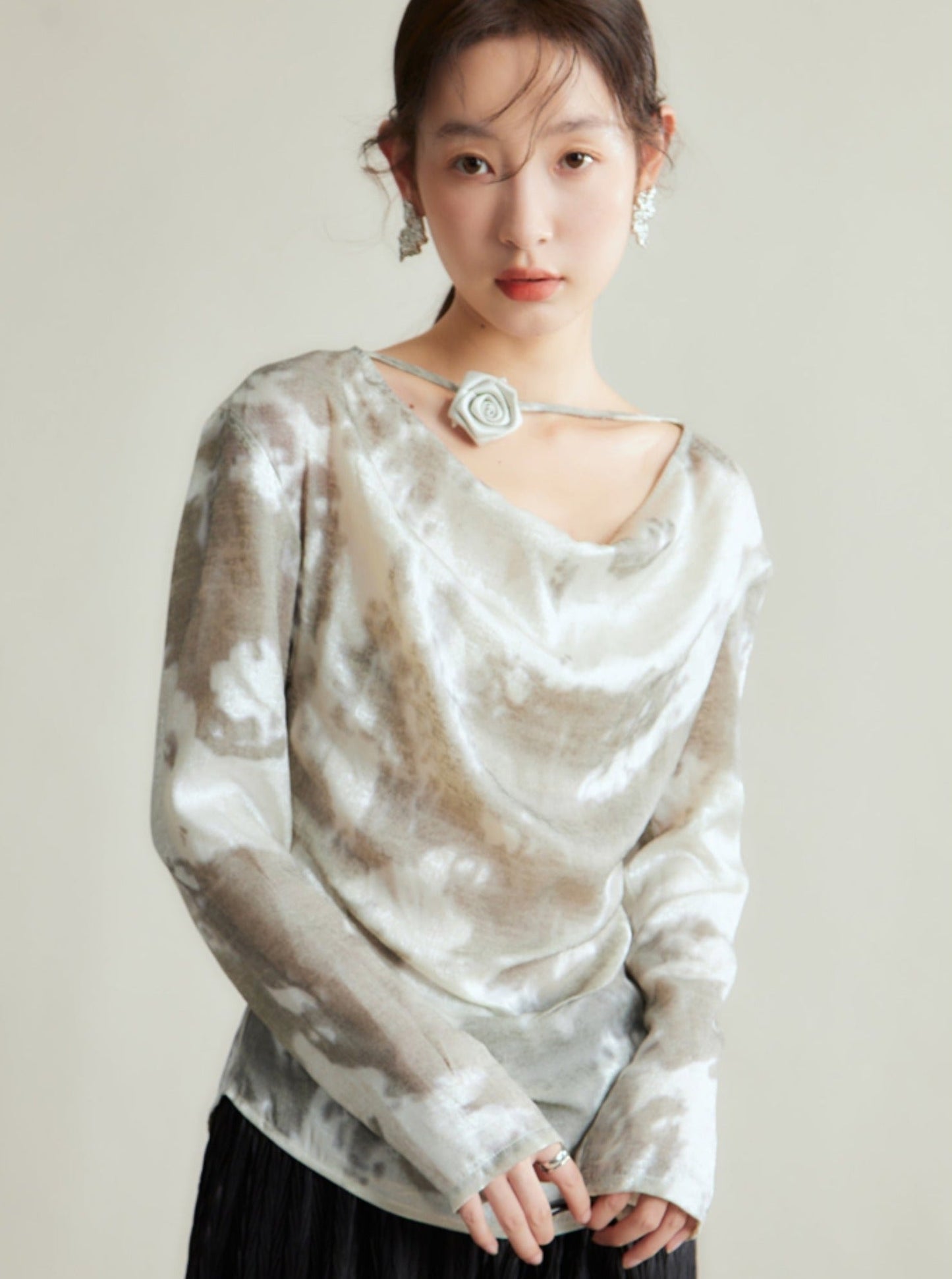 Silvery-white Satin/silk Blouse
