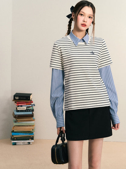 Layered Look Striped Tee Combo - Preppy Shirt-sweater Set