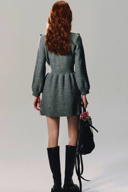 Ruffled Yoke Knit Sweater Dress