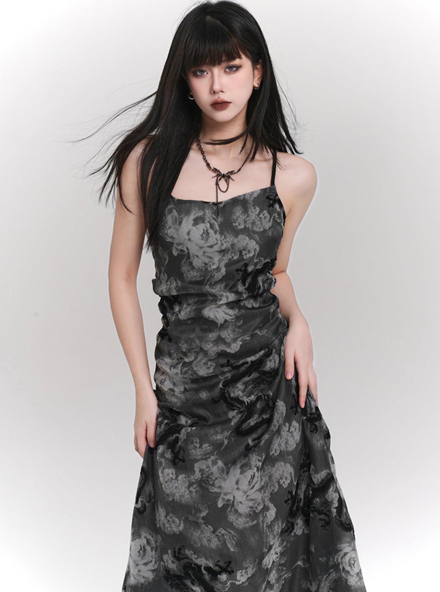 Ladyghost Chinese Style Fitted Maxi Dress - Gray Patterned Sleeveless Ankle-length