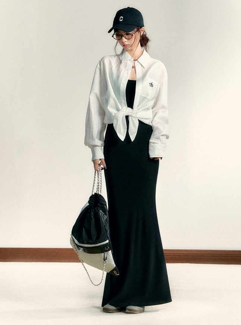 Classic White Long Sleeve Button-down Shirt: Crisp Cotton Collared Blouse With Embroidered Logo