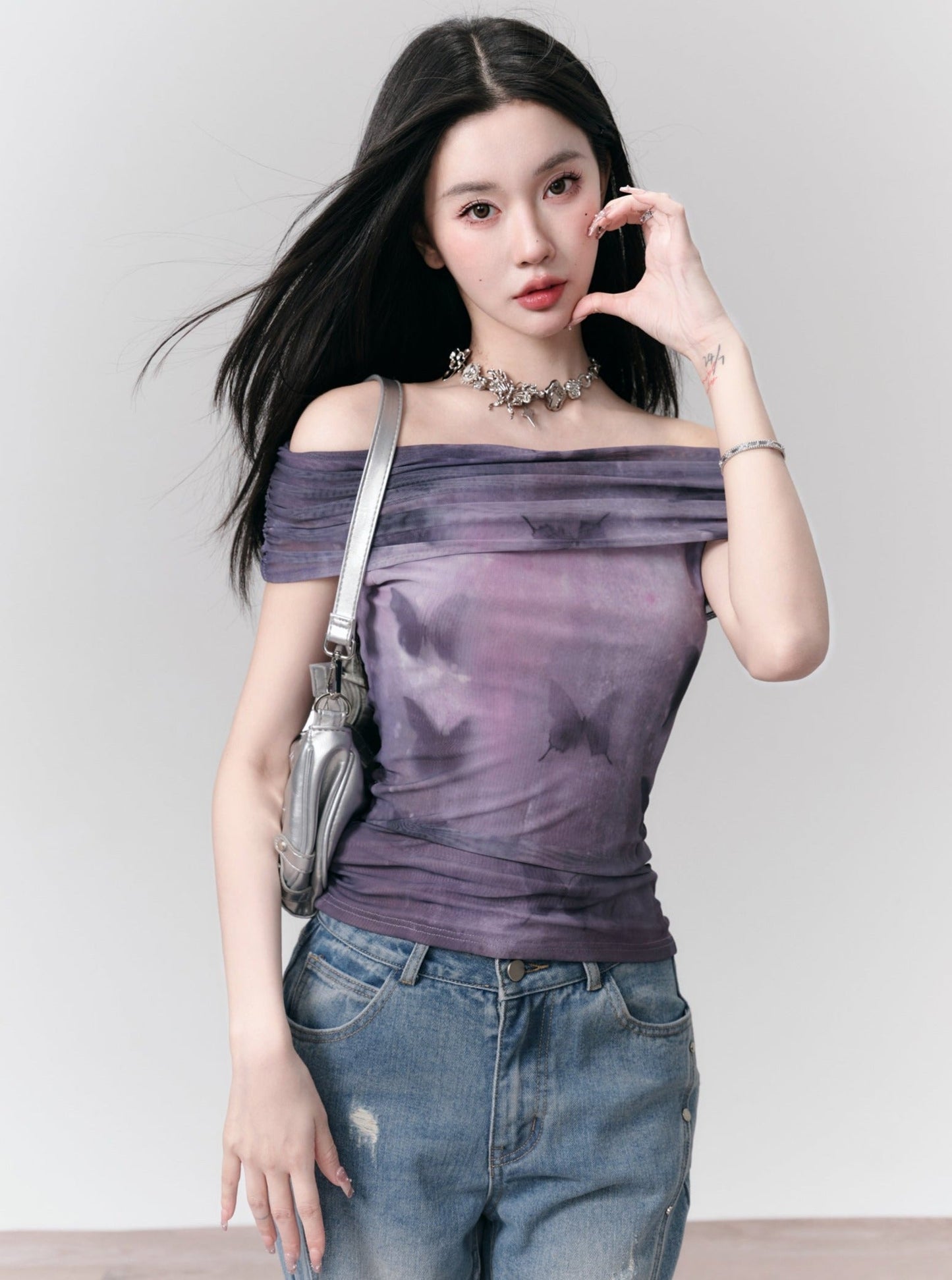 Tie-dye Off-shoulder Crop Top - Purple Ombre Ruched Bandeau Blouse