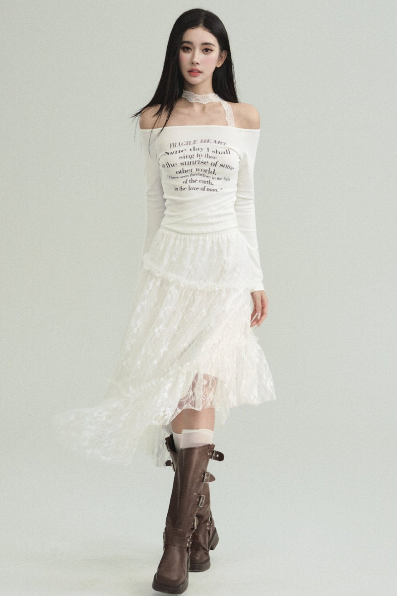 Ethereal Elegance Set: Off-shoulder Poetic Print Crop Top & Asymmetric Lace Midi Skirt