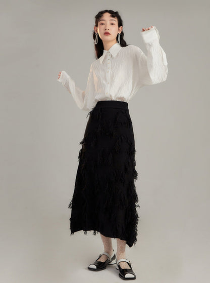Red Distressed Midi Skirt With Frayed Texture