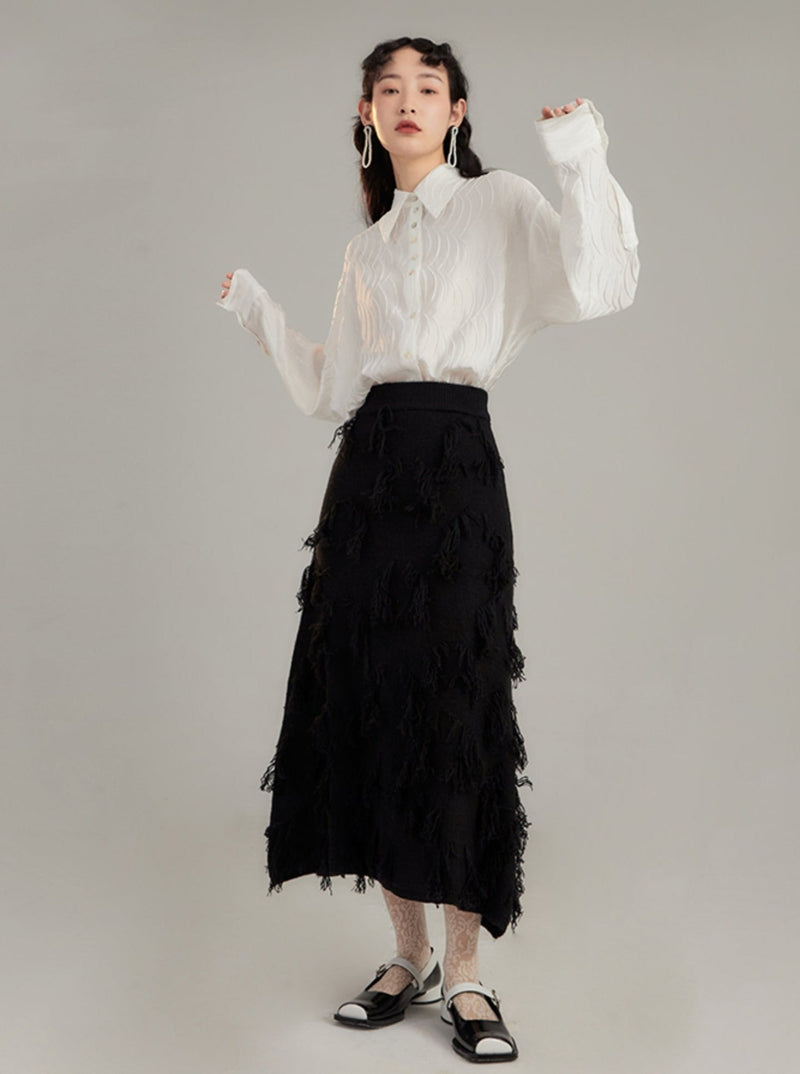 Red Distressed Midi Skirt With Frayed Texture