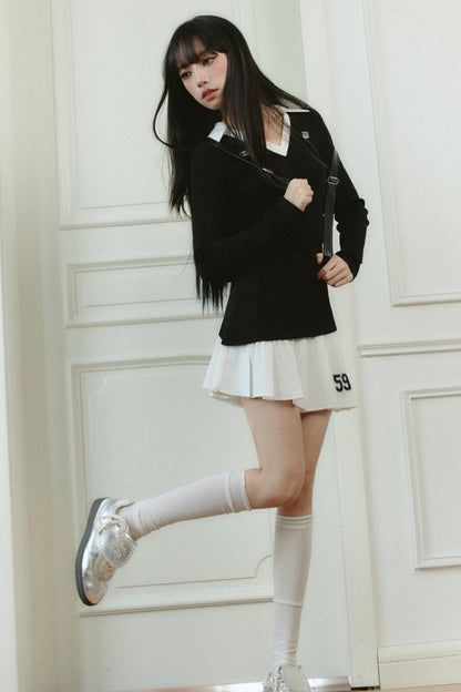 Preppy V-neck Tennis Dress With Pleated Skirt
