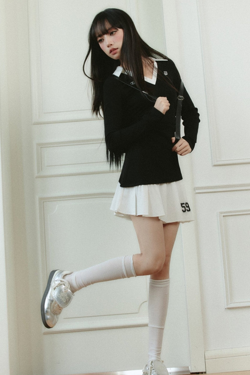 Preppy V-neck Tennis Dress With Pleated Skirt