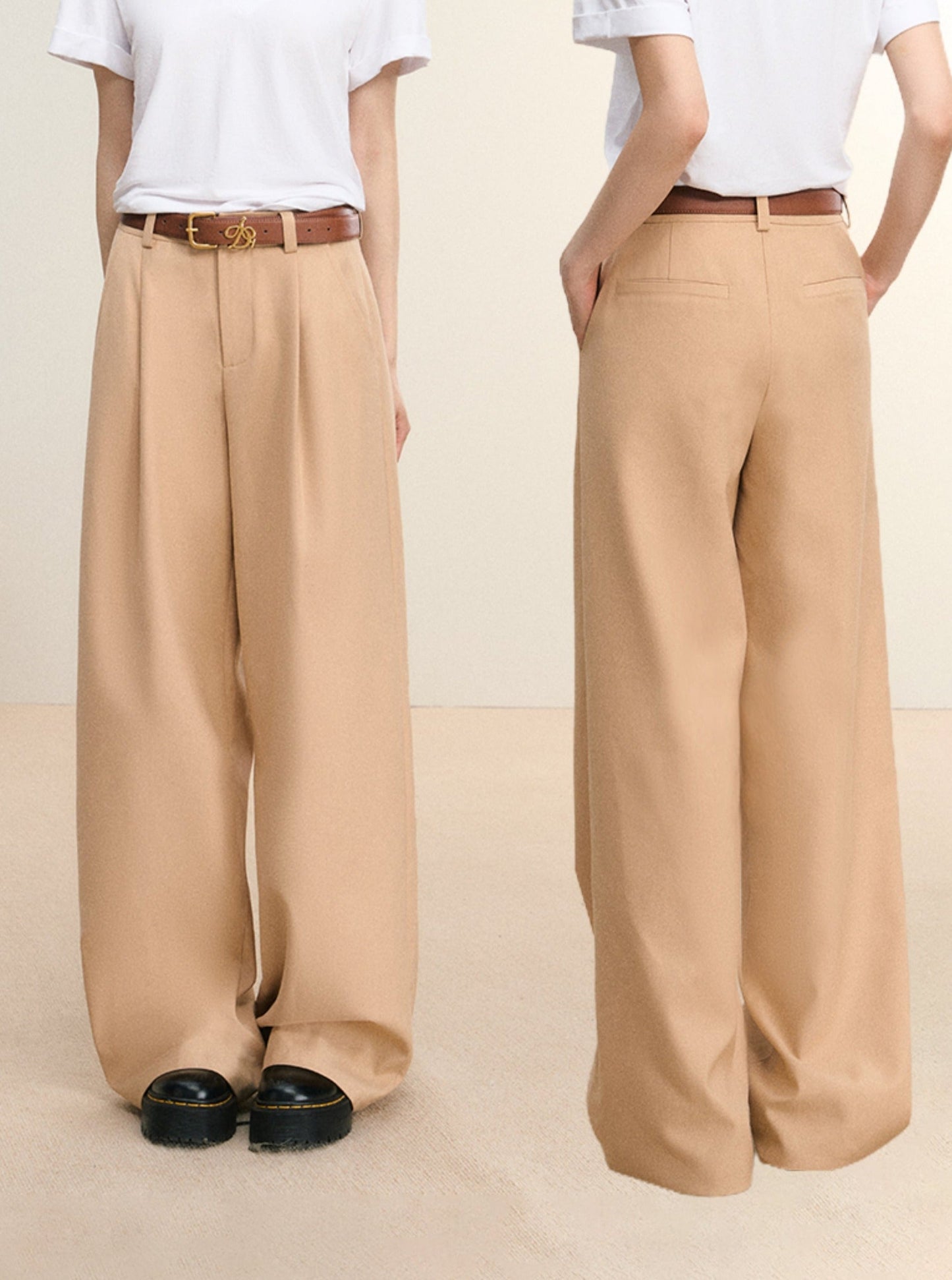 Camel Wide-leg Trousers - High-waisted Pleated Palazzo Pants