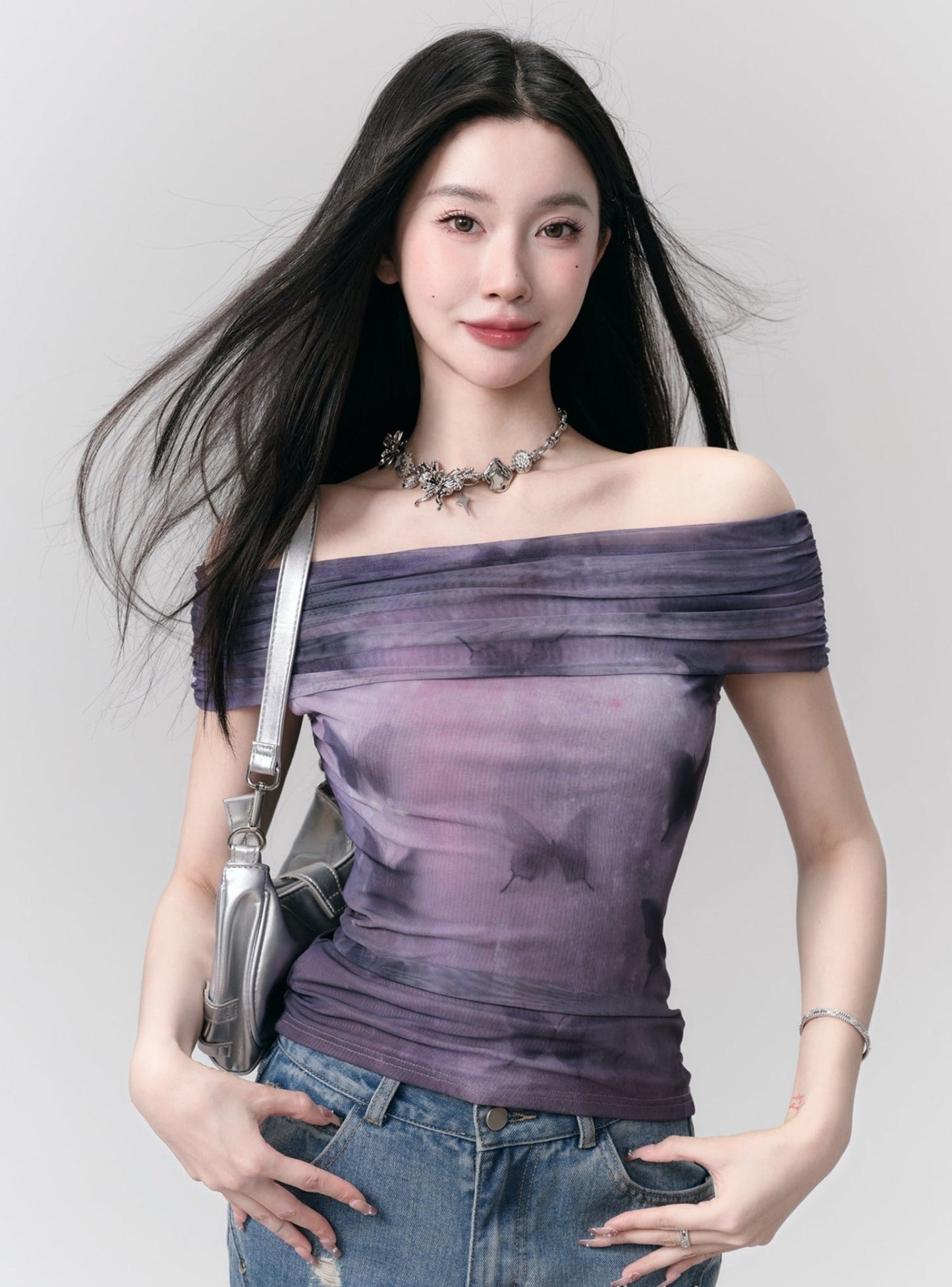 Tie-dye Off-shoulder Crop Top - Purple Ombre Ruched Bandeau Blouse