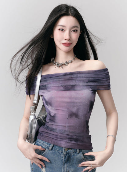 Tie-dye Off-shoulder Crop Top - Purple Ombre Ruched Bandeau Blouse