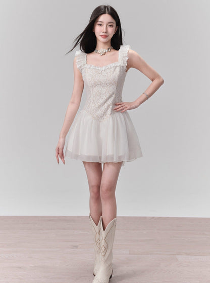 Lace Bodice Tulle Skirt Mini Dress With Ruffle Straps