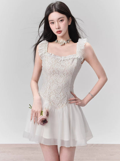 Lace Bodice Tulle Skirt Mini Dress With Ruffle Straps