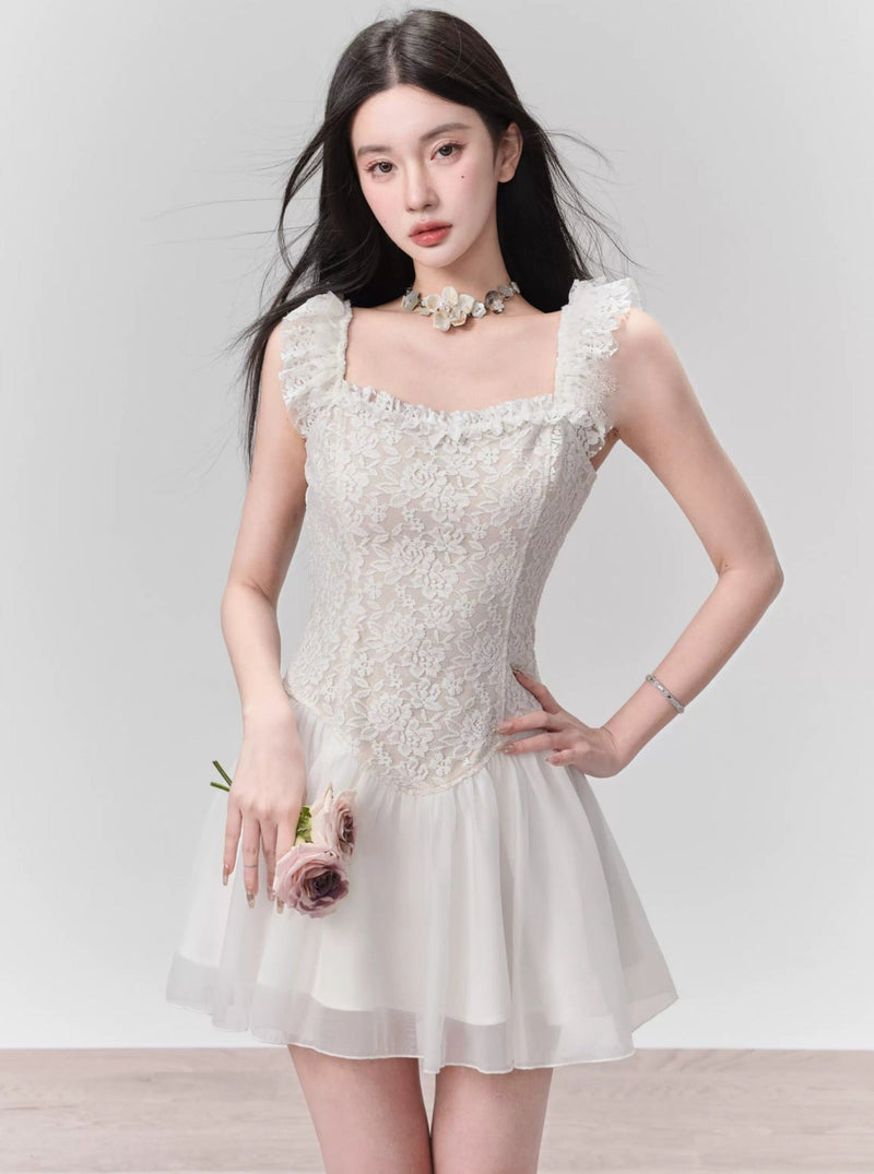 Lace Bodice Tulle Skirt Mini Dress With Ruffle Straps
