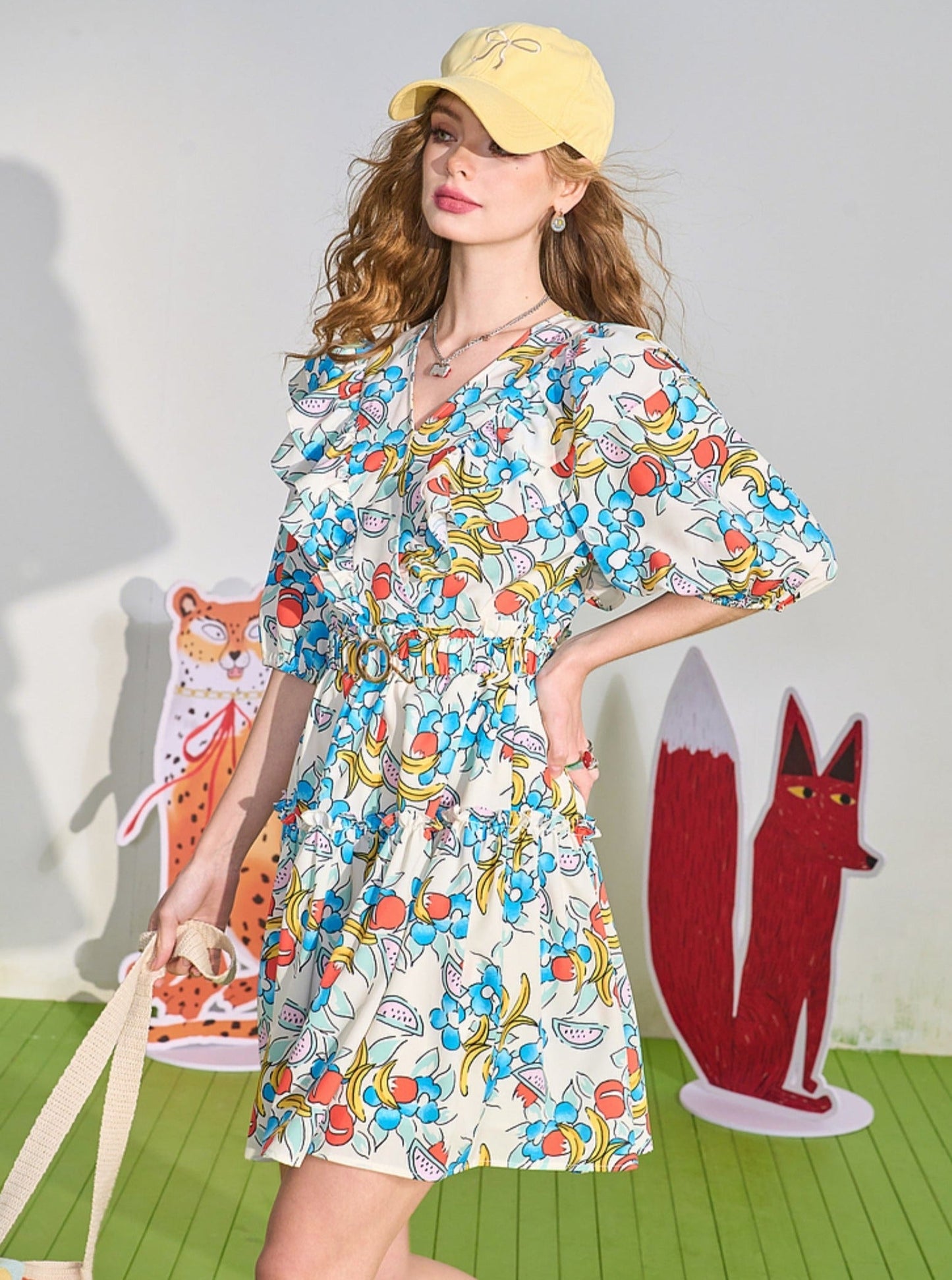 Fruit Print Ruffle V-neck Mini Dress