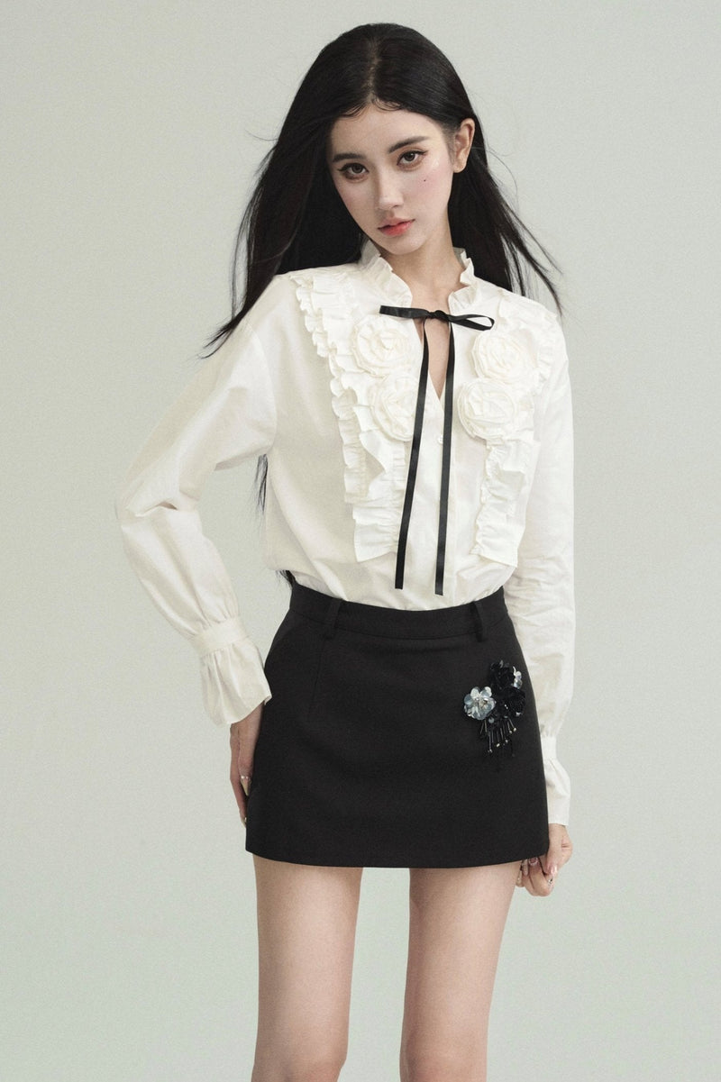Contrast Ensemble: Crystal-embellished Tweed Mini Skirt & Victorian Ruffle Blouse Set