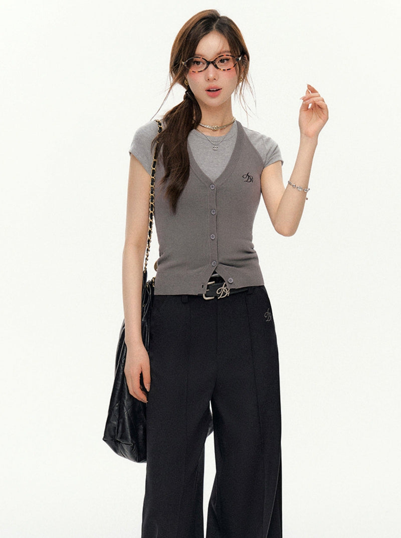 Sleeveless Ribbed Cardigan - V-neck Button-up Knit Tank Top