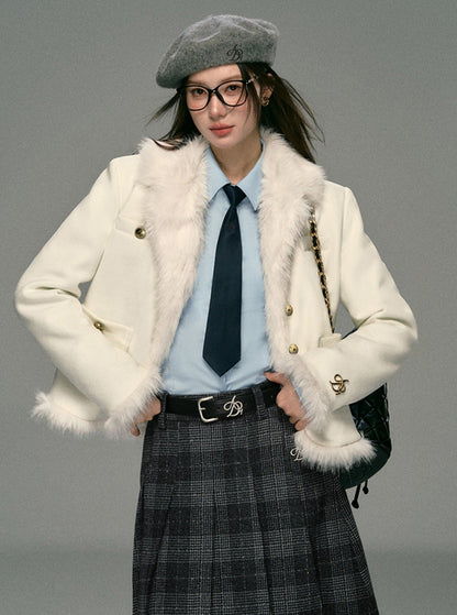 Ivory Boucle Jacket: Faux Fur Trim Cropped Coat With Gold Buttons