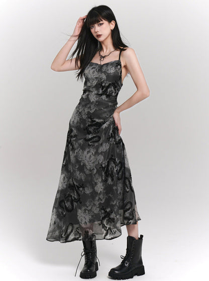 Ladyghost Chinese Style Fitted Maxi Dress - Gray Patterned Sleeveless Ankle-length