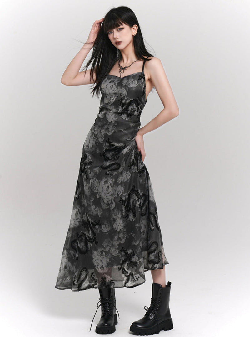 Ladyghost Chinese Style Fitted Maxi Dress - Gray Patterned Sleeveless Ankle-length