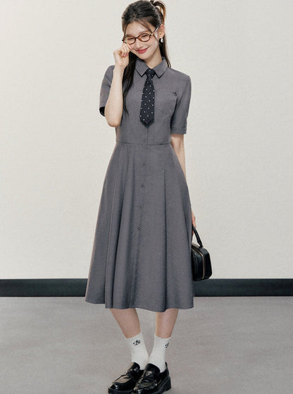Charcoal Gray Shirt Dress: A-line Button-down With Short Sleeves and Collared Neckline