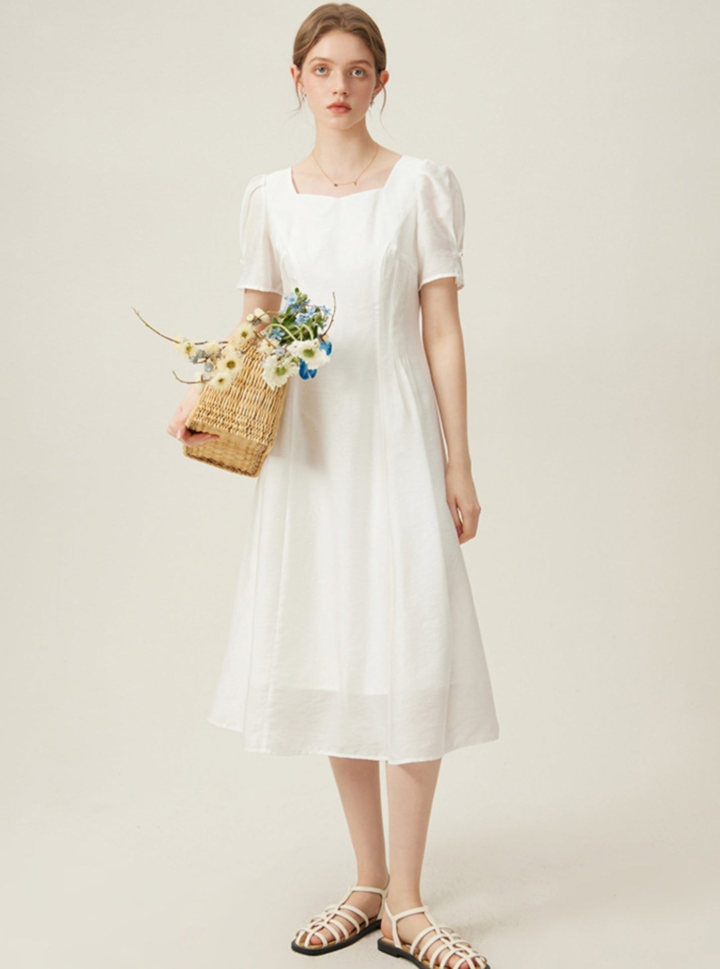 Classic White Midi Dress With Puff Sleeves
