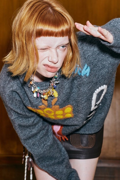 Cartoon Patch Brown Knit Sweater