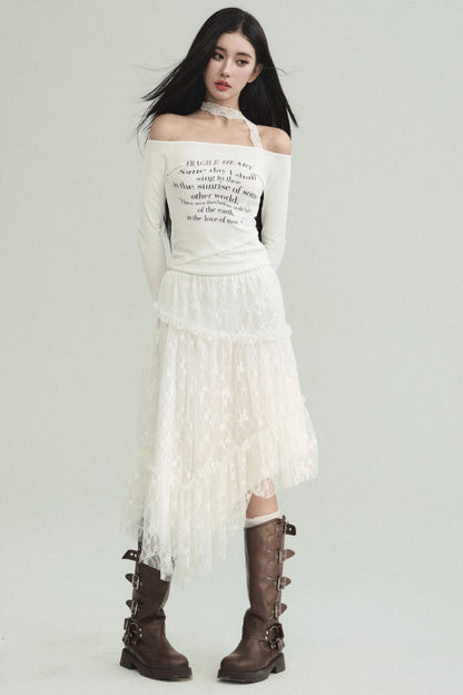 Ethereal Elegance Set: Off-shoulder Poetic Print Crop Top & Asymmetric Lace Midi Skirt