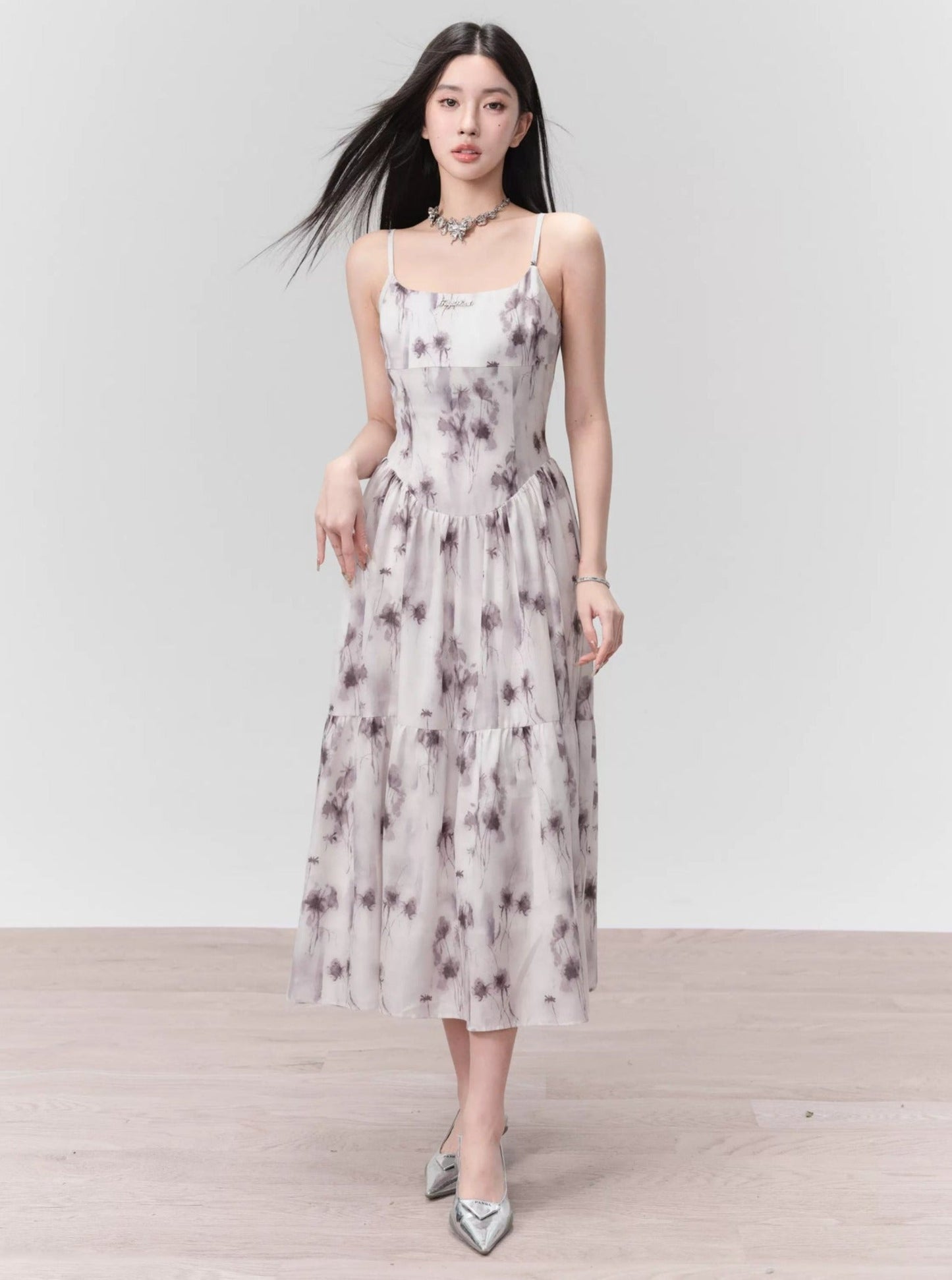 Ethereal Spaghetti Strap Midi Dress in Lavender Mist