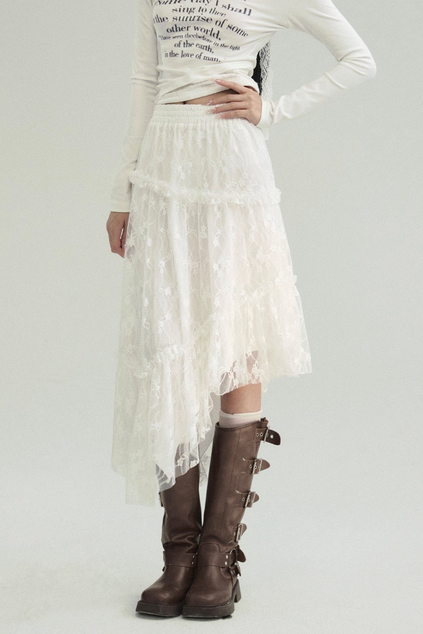 Ethereal Elegance Set: Off-shoulder Poetic Print Crop Top & Asymmetric Lace Midi Skirt