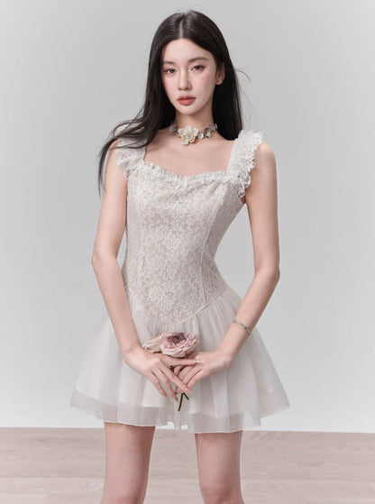 Lace Bodice Tulle Skirt Mini Dress With Ruffle Straps