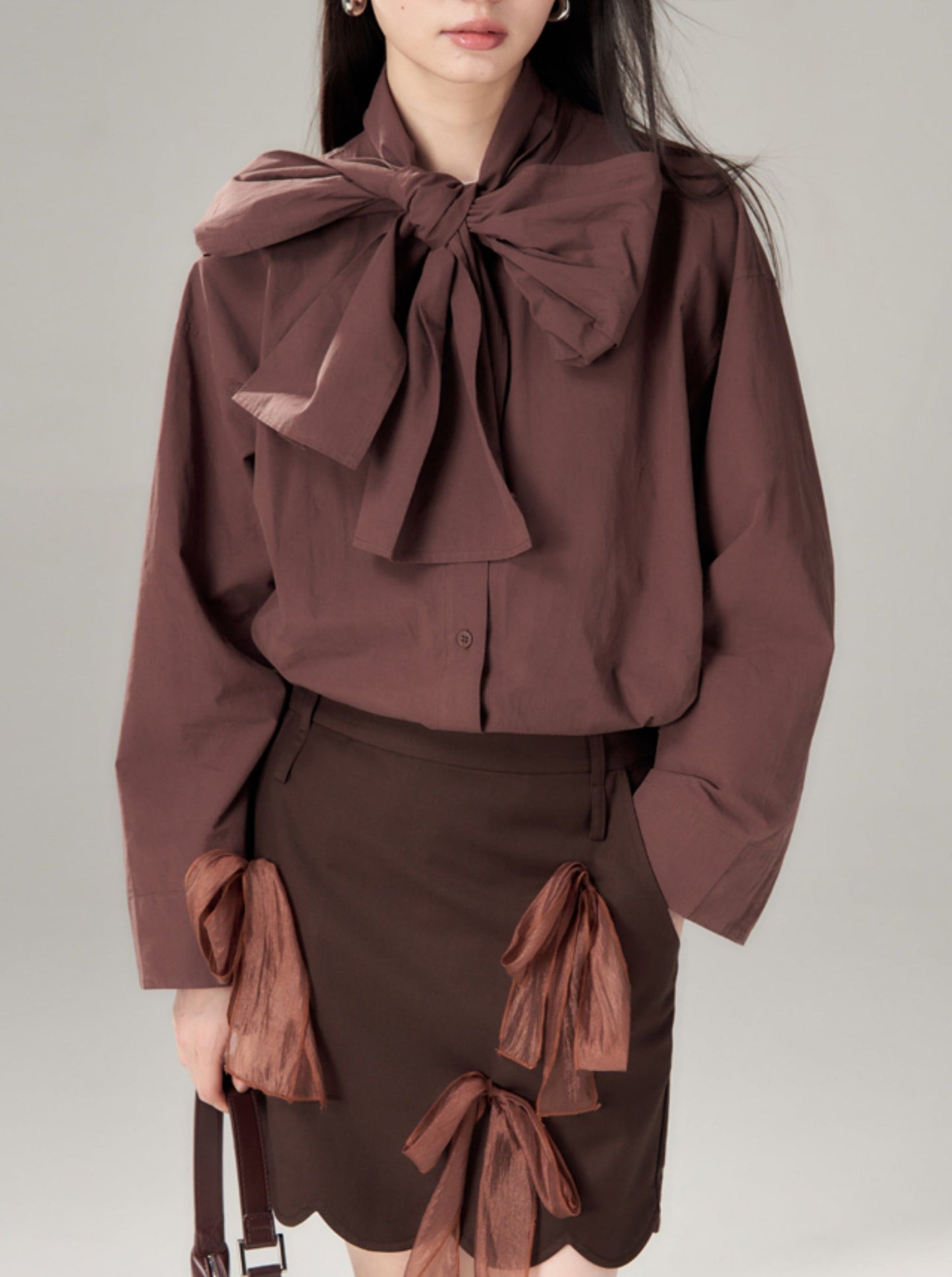 Brown Scalloped Skirt With Sheer Bow Detail