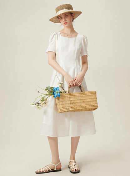 Classic White Midi Dress With Puff Sleeves