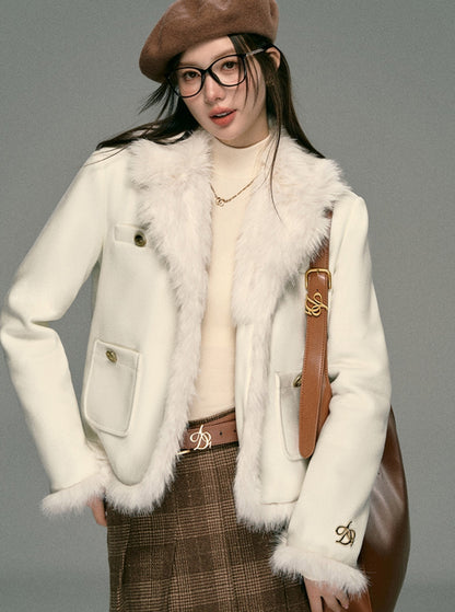 Ivory Boucle Jacket: Faux Fur Trim Cropped Coat With Gold Buttons