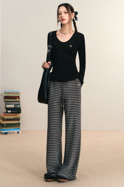 Striped Wide-leg Lounge Pants - Drawstring Waist Palazzo Trousers