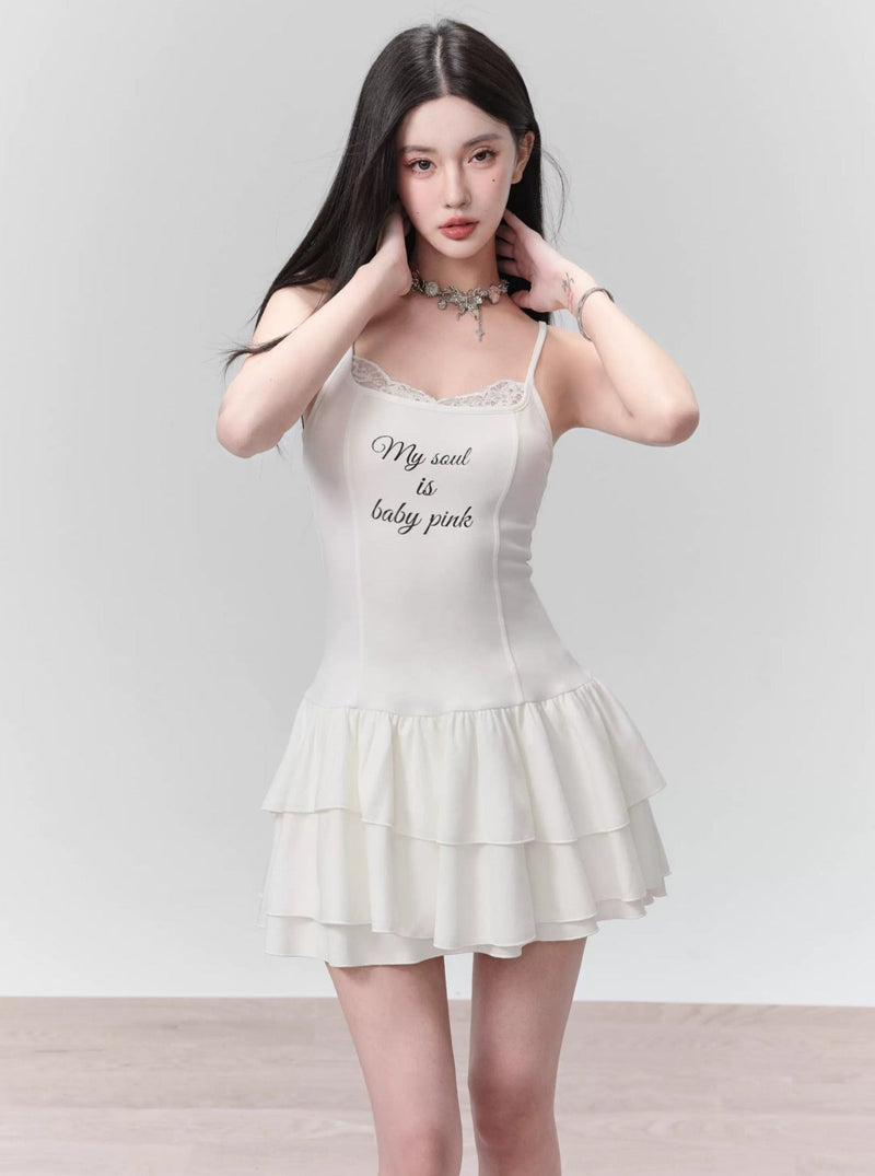 White Ruffled Spaghetti Strap Mini Dress With Slogan Print