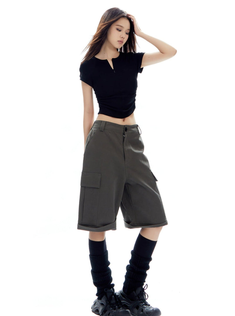 White Cropped T-shirt With Center Ruching